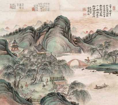 李嘉福 丁亥（1887）年作 溪山欢乐图 立轴